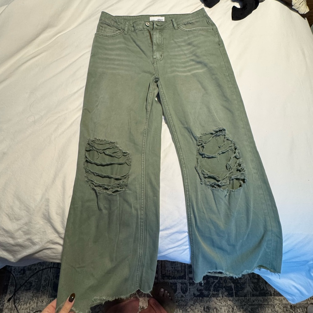 VERVET 90s High Rise Crop Flare Distressed Green Women's Jeans